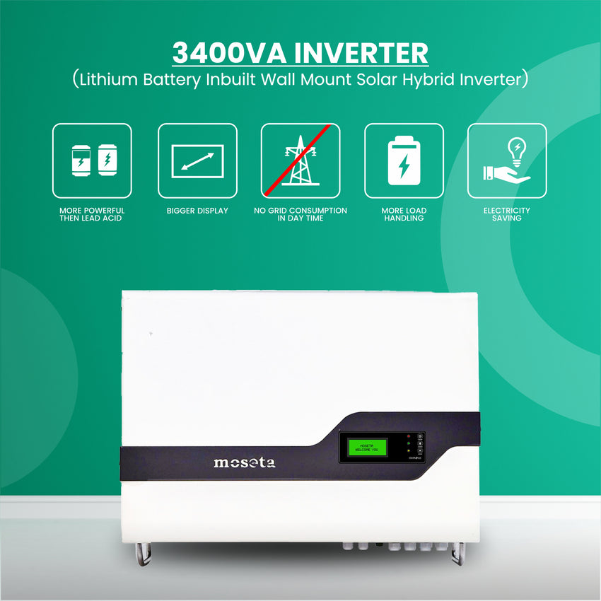 3400 VA Inverter with 300AH/480A/3400Watt Battery (Lithium Battery Inbuilt Wall Mount Solar Hybrid Inverter)