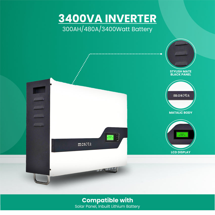 3400 VA Inverter with 300AH/480A/3400Watt Battery (Lithium Battery Inbuilt Wall Mount Solar Hybrid Inverter)