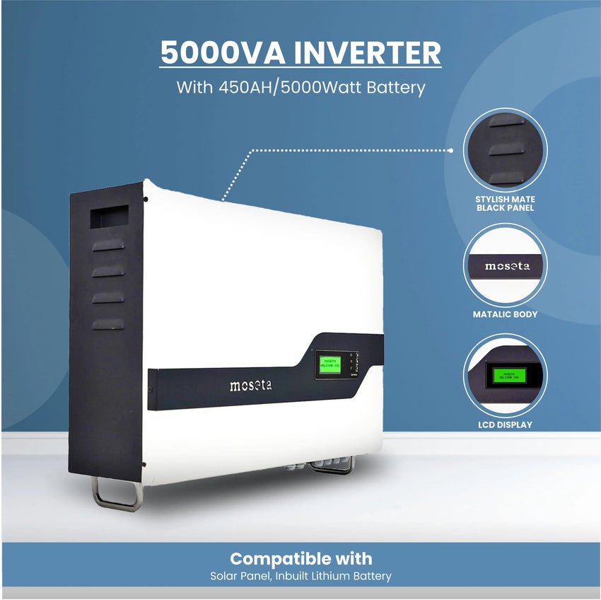 5000 VA Inverter with 450AH/5000Watt Battery (Lithium Battery Inbuilt Wall Mount Solar Hybrid Inverter)