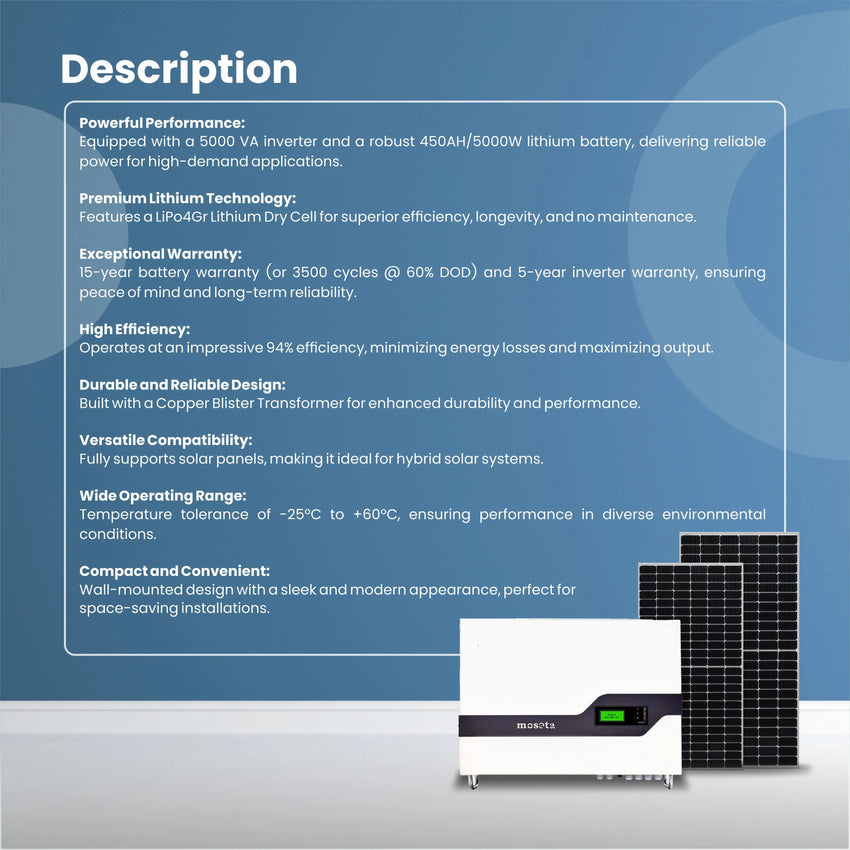 5000 VA Inverter with 450AH/5000Watt Battery (Lithium Battery Inbuilt Wall Mount Solar Hybrid Inverter)