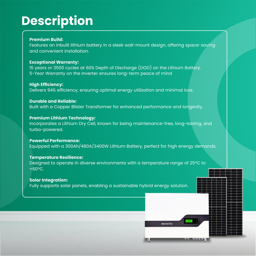 3400 VA Inverter with 300AH/480A/3400Watt Battery (Lithium Battery Inbuilt Wall Mount Solar Hybrid Inverter)